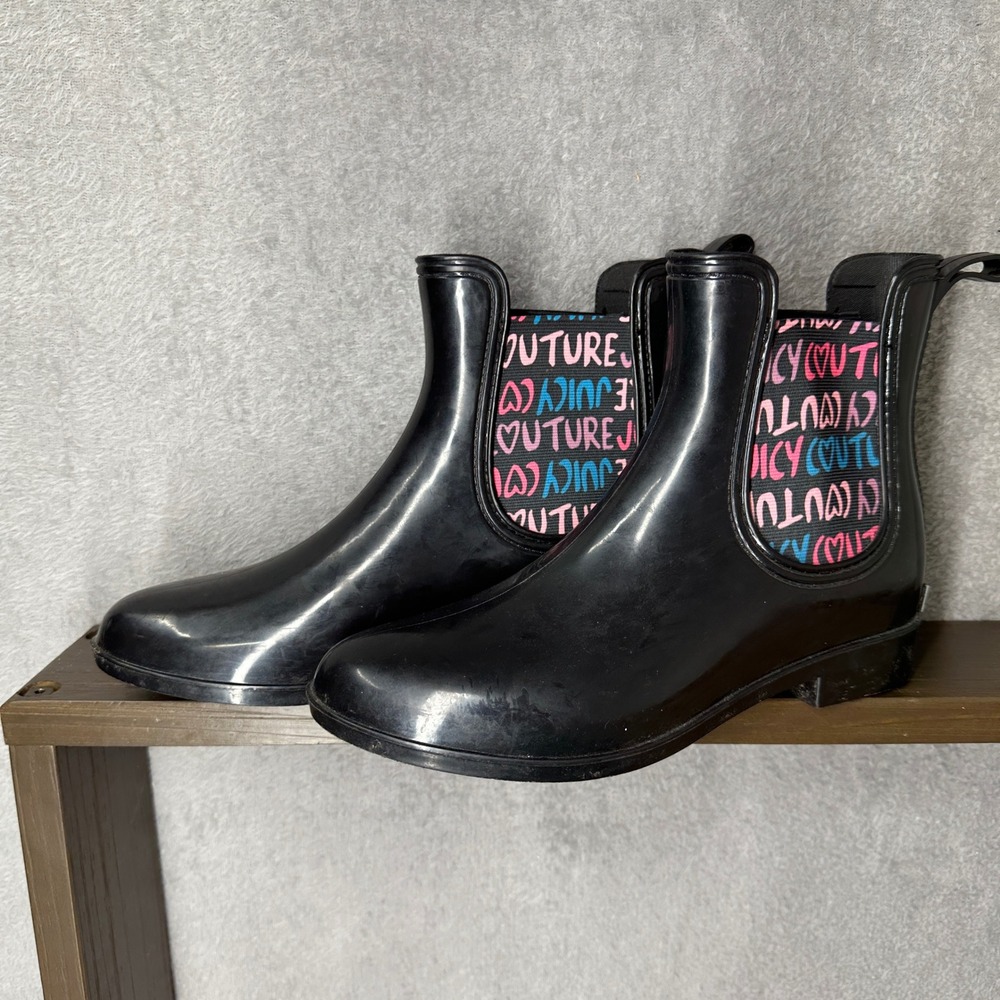 Juicy Couture Black Rain Boots Women's Ankle Booties with Logo & Pull Tab